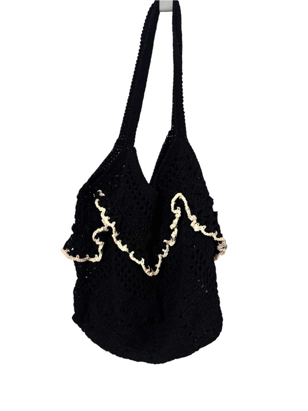 Black w/White Ruffle Trim Crocheted Cotton Shoulder Tote Bag NEW